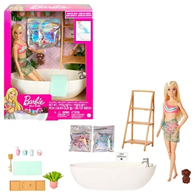 Imagen de Barbie Bienestar Muñeca Rubia con bañera, Confeti Que Cambia de Color el Agua y Accesorios baño, Juguete +3 años (Mattel HKT92)
