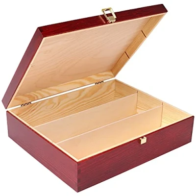 Imagen de Creative Deco Rojo Caja Madera Vino Barnizada 3 Botellas 35x30x10cm Tapa y Bisagra Divisores Extraíbles para Regalo Decorar Decoupage Almacenamiento Decoración Manualidades Navidad
