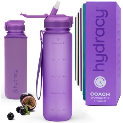 Imagen de Hydracy Botella de Agua con Pajita 1 L sin BPA Motivacional y Manga Sudor Gimnasio a Prueba Fugas Marcador Tiempo Deportes Aire Libre