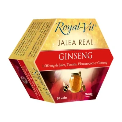 Imagen de Dielisa Royal Vit Jalea Real Ginseng, Complemento Alimenticio con 1000 mg de Real, Eleutorococo y Taurina, Ingredientes que Ayudan al Rendimiento Físico e Intelectual 20 Viales