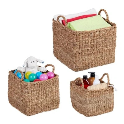 Imagen de Relaxdays Pack 3 Cestas de Almacenaje, Hierba Marina, Diseño Tejido, Cuadradas, Organizadores Baño, Tamaños, Natural, Fibra Vegetal, 12 x 30 25 cm