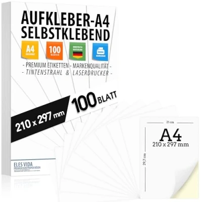 Imagen de 100 etiquetas autoadhesivas DIN A4, 210 x 297 mm, imprimibles universalmente, superficie blanca mate, compatibles con impresoras de inyección tinta y láser, ideales para aplicaciones versátiles