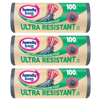 Imagen de Handy Bag bolsas de basura con enlace, muy resistente, 100 x 10 3 rollos, fondo antifugas, sellado máximo, enlace práctico adjunto en la parte superior bolsa, 100% plástico reciclado