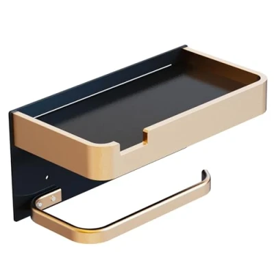 Imagen de LANMOU Portarollos Papel Higienico Adhesivo con Estante, Portarrollo para Higiénico de Aluminio Moderno Oro Negro Soporte Decoración Baño