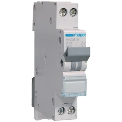Imagen de Hager MKN510 Disyuntor de circuito (10 A, 2P, 1P+N, 2 pines, 1 polo, N 6 kA, característica B, m, diseño estrecho, interruptor LS (MKN 510)