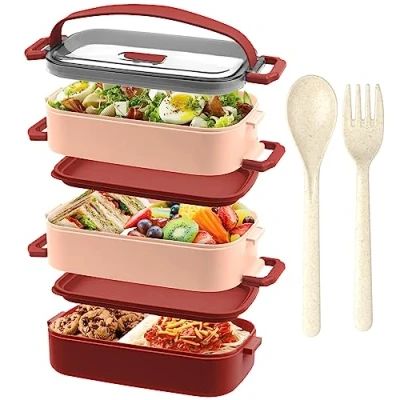 Imagen de OITUGG Fiambrera 3 Capas Bento Box 2200ml Lunch con piezas Compartimentos Ajustable Lonchera Cubiertos Hermetica, Sin BPA, Apto para microondas, A prueba de fugas, Rojo
