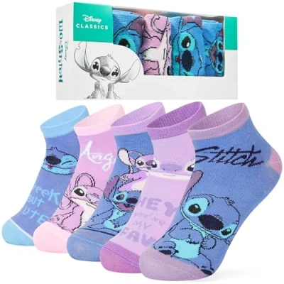 Imagen de Disney Divertidos Calcetines Tobilleros Niña, Pack de 5 Regalos Chicas (Rosa/Azul Stitch, 30 35 EU)