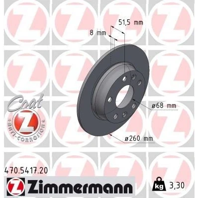 Imagen de ZIMMERMANN Disco de freno RENAULT: Megane 4, IV Sedán, NISSAN: Juke II 260mm 8mm 7/5 5Taladro(s) 114mm macizo revestido 470.5417.20