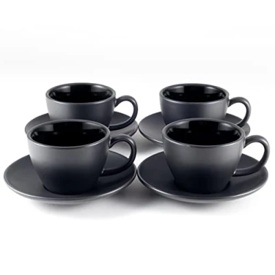 Imagen de Hanseküche Juego de 4 Tazas café cappuccino (180 ml) gres y paredes gruesas con platillos (negro)