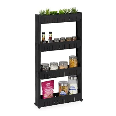 Imagen de Relaxdays Carrito de Nichos, Estantería con Ruedas y 4 Baldas, Mueble Espacios Pequeños para Baño Cocina, 101x12,5x54 cm, Plástico, Negro