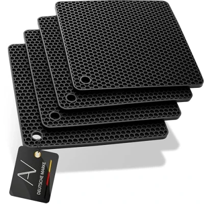 Imagen de AVANA Posavasos de silicona (juego 4) salvamanteles prémium multifuncionales resistentes al calor, aptos para lavavajillas, antideslizantes, diseño panal, color negro