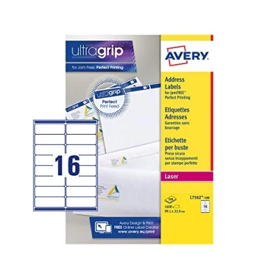 Imagen de Avery España L7162 100 etiquetas adhesivas blancas ideales para envios paquetes, imprimibles, medida 99.1 x 33.9 mm, Caja de 1600