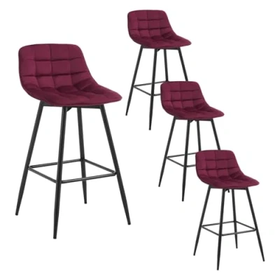 Imagen de WOLTU 4X Taburete de Bar con Respaldo Paquete 4 Marco Metal Muebles Cocina Asiento Terciopelo Alto Sillas Altas Burdeos BH143bd