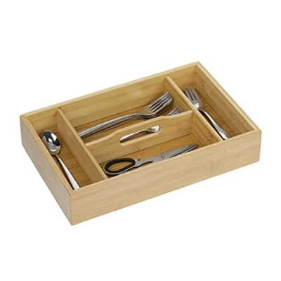 Imagen de Relaxdays Cubertero Bambú, Separador Cajones, Organizador 4 Compartimentos, Asa, 7 x 37 23 cm, Marrón Natural