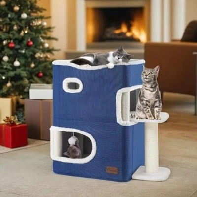 Imagen de YITAHOME Casa Gatos Interior, Cama Gato, para Gatos, con Rascador &amp; Pelota Hamaca Superior, Casita Caseta Castillo 58 * 35 63cm (Gris)