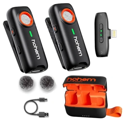 Imagen de hohem MIC 01 Micrófono de Solapa inalámbrico para iPhone iPad, Certificado MFi, Control Remoto,100m(328ft),7.5H, Plug Play Vlogs, Live Stream (2 TX + 1 RX+Caja Carga)