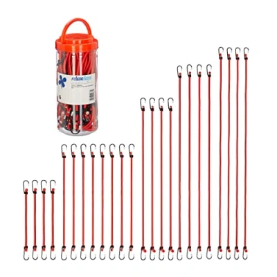 Imagen de Relaxdays Pulpos Elásticos con Ganchos para Equipaje, Set de 24, Tensores Bicicleta, 5 Tamaños, Cuerdas Sujeción, Rojo