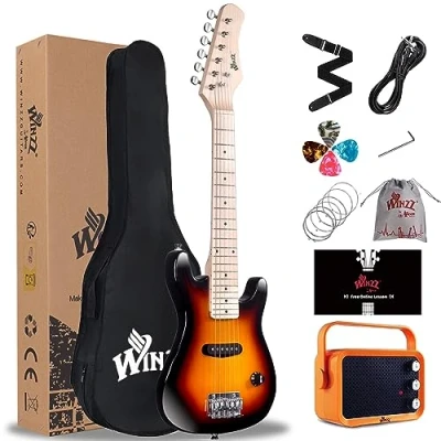 Imagen de Winzz 30 pulgadas Mini Guitarra Eléctrica Niños Diapasón de Arce Principiante Set para con Amplificador (Sunburst), EGM100