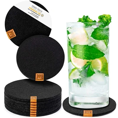 Imagen de Miqio® Posavasos de diseño Fieltro y Cuero Lavable Juego 10 con aplicación Piel auténtica (10 cm auténtica, Color Negro