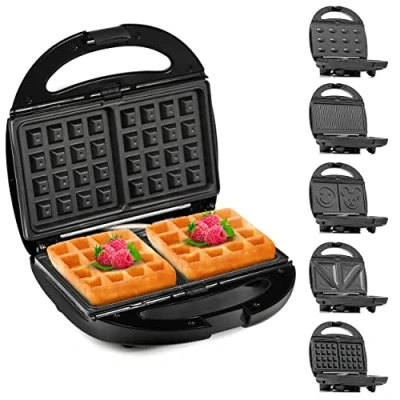 Imagen de Lehmann Sandwichmaker 5 en 1 con diferentes formas Gofría, grill contacto, panini, sándwich, pasteles dulces Incluye juegos de placas antiadherentes 800W