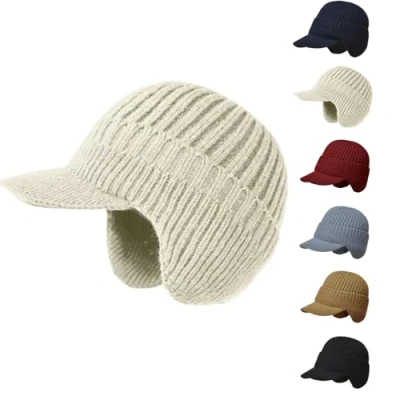 Imagen de Gorro De Punto Elástico Y Cálido con Protección para Las Orejas, Invierno Hombre Visera, Orejeras (Beige)