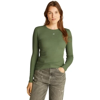 Imagen de Tommy Jeans TJW Slim Essential Rib LS DW0DW17387 Camiseta L/S, Green (Aruba Green), XL para Mujer