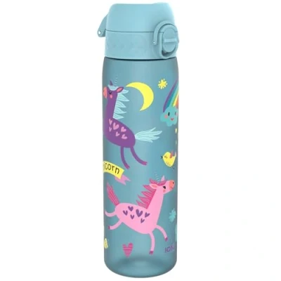 Imagen de Ion8 Botella Agua, 500ml, a Prueba de Fugas, Fácil Abrir, Cerradura Segura, Apta para Lavavajillas, Sin BPA, Asa Transporte, Limpiar, Neutro en Carbono, Unicornios Azul