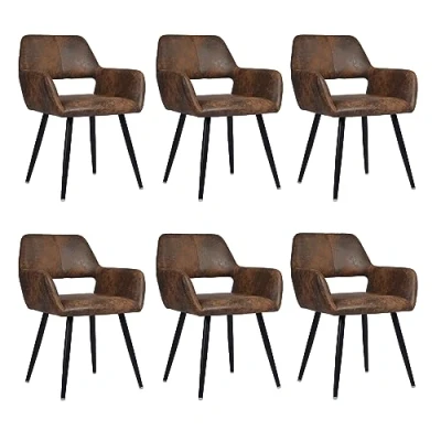 Imagen de MEUBLE COSY Cromwell Brown Juego de 6 Sillas Comedor Vintage Sillón Tapizado en Gamuza con Reposabrazos Patas Metálicas para Cocina Salón, Marrón, 56x56x78cm, Unidades