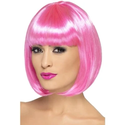 Imagen de Smiffys Peluca Partyrama, 12 pulgadas, rosa, corta, corte bob con flequillo