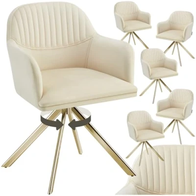 Imagen de TecTake® Silla Giratoria Tapizada con Respaldo Continuo, Patas de Acero Giratorias 360º, Dormitorio, Butacas Salon, Sillas Comedor, Comedor Nordica 6 Crema/Oro