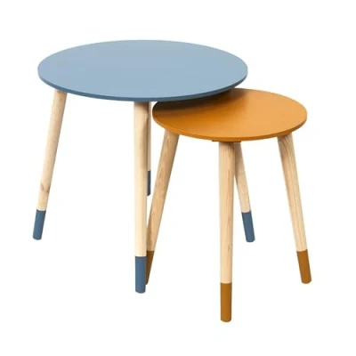 Imagen de HOME DECO FACTORY Lote de 2 mesas Bajas encajables, Redondas, Bicolor, Azul y Amarillo, Madera ingeniería Pino, Small 33 x 40 cm Tall 43 48