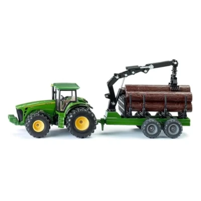 Imagen de siku 1954, Tractor John Deere con remolque forestal, 1:50, Metal/Plástico, Verde, Brazo de carga y pinza funcionales