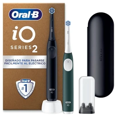 Imagen de Oral B iO 2 Pack De Cepillos Dientes Eléctricos Negro Noche y Verde Bosque, Cabezales, 1 Estuche Viaje, Portarrecambios, 3 Modos Cepillado, Sensor Presión Temporizador