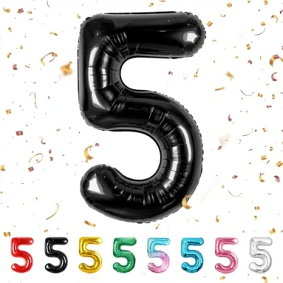 Imagen de Globo de cumpleaños con números 5 años XXL Negro lámina en 40 pulgadas 101 cm para decoración número cumpleaños…