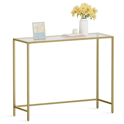 Imagen de VASAGLE Mesa de Consola, Entrada, Extremo del Sofá, Tablero Vidrio Templado, Marco Metal, Patas Ajustables, para Salón, Pasillo, Dorado Pálido y Transparente LGT26G