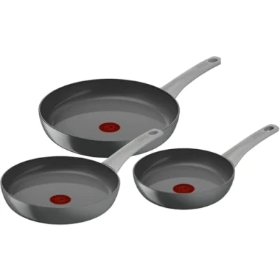 Imagen de Tefal Renew On Juego 3 Sartenes 20/24/28 cm de aluminio 100% reciclado, revestimiento antiadherente cerámico sin PFOA, Thermo Signal, embalaje 90% todo tipo cocinas