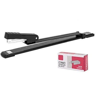 Imagen de Grapadora de brazo largo, tira completa largo con capacidad alcance 300 mm, 25 hojas, resistente, para el hogar, oficina, escritorio, papelería, manualidades, escuela, color negro