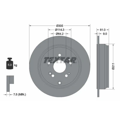 Imagen de TEXTAR PRO 92162503 Disco de freno 305 9 05/10 114,3 macizo revestido sin perno sujeción rueda, buje rueda HONDA: CR V 3, 2, 4