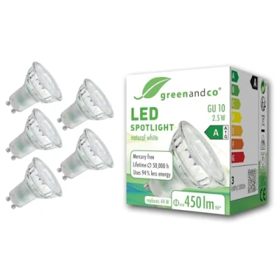 Imagen de greenandco 5x GU10 sustituye A 44 vatios blanco neutro 4000K 2.5W 450lm 100 sin parpadeo eficiencia energética clase bombilla LED 230V no regulable