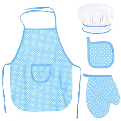 Imagen de Fodlon Juego Chef para Niños, Ajustable Niños Delantal Cocina con Gorro de Chef, Manopla Tapete Resistente al Calor y Niñas 3 a 8 Años (Azul)