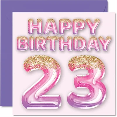 Imagen de Tarjeta de cumpleaños número 23 para mujer, globos purpurina rosa y morada, tarjetas feliz mujer años, hija, hermana, tía, prima, 145 mm x mm, veintitrés