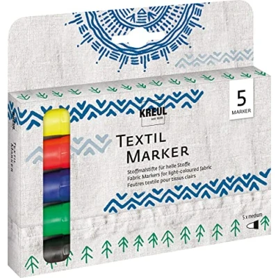 Imagen de KREUL JAVANA 90710 Textile Marker Medium, 5 Paint pens for Light Coloured Fabrics, with Large Insensitive Fibre Tip, Line Thickness Approx. 2 to 4 mm, Washable After Fixation