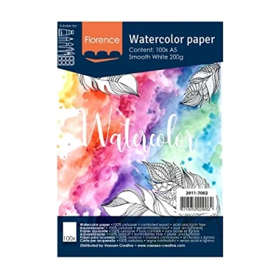 Imagen de Vaessen Creative Papel de Acuarela Florence Prensado en Caliente A5, Blanco Intenso, 200 gsm, Calidad Artista, Superficie Lisa, 100 Hojas para Pintar, Handlettering, Proyectos Arte