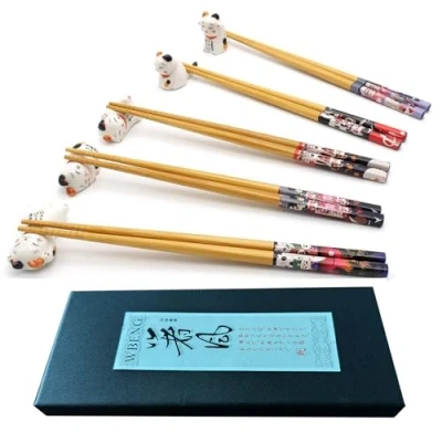 Imagen de Juego de 5 pares palillos y palillos, soporte para gato la suerte, gatos, reutilizables naturales bambú estilo japonés clásico, apto lavavajillas (Cute cat)