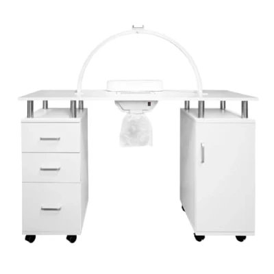 Imagen de Mesa Manicura Profesional c/ Colector de Polvo y Ruedas + Lámpara Media luna LED 50 W Regulable 3000 6000K Soporte teléfono Almohadillas para fijar Pestañas, Uñas, Tatuajes, Estética
