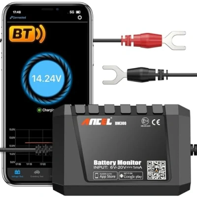 Imagen de ANCEL BM300 Monitor de Batería 12V, Bluetooth 4.0 Probador Coche, Battery Tester con Carga, Prueba Sistema Arranque y Alarma para Motocicletas, Botes, Autos Camiones