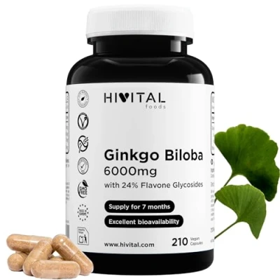 Imagen de Ginkgo Biloba 6000 mg 210 cápsulas veganas con 24% Flavonoides y 6% Terpenos mejora la memoria, concentración circulación sanguínea