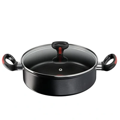 Imagen de Lagostina Línea Roja Cacerola con tapa Ø 26 cm, de inducción, gas y horno antiarañazos, borde vertido, fondo acero inoxidable aluminio, mango silicona antideslizante