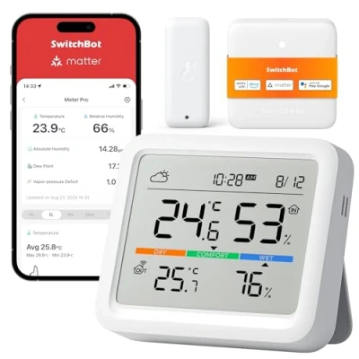 Imagen de SwitchBot Estación Meteorológica para Hogar Sensor Exterior Inalámbrico, Monitor Temperatura/Humedad con Fecha y Previsión Meteorológica, 120m Bluetooth, Archivo de Datos Gratis Exportar, Admite Alexa