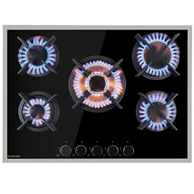 Imagen de Klarstein Cocina de Gas Butano, Placa 5 Fuegos 10400W, Vitroceramica Integrada para Cocina, Butano Diseño, Encimera Fogones con Base vidrio y Acero Inoxidable